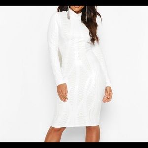 Boohoo White Sequin High Neck Midi Dress